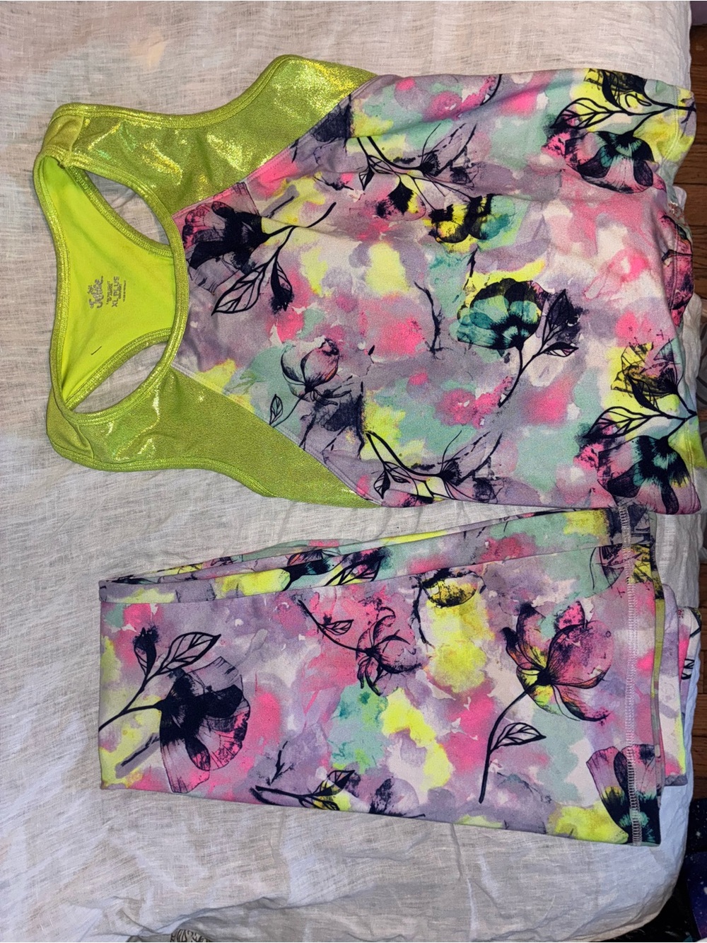 Justice Neon Green Floral Print Kids One-Piece Active Bodysuit